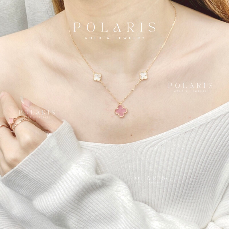 Kalung Rantai Bunga Clover Alhmbraa Pink Putih Perhiasan Emas Kuning Kadar Emas Tua 16K/700 KL5B