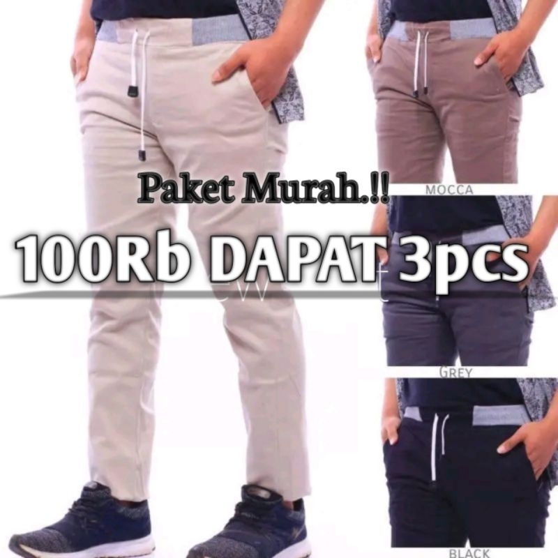 100Rb DAPAT 3 CELANA CHINOS CHINO PANJANG PRIA DEWASA JUMBO PINGGANG RIP KARET KOLOR