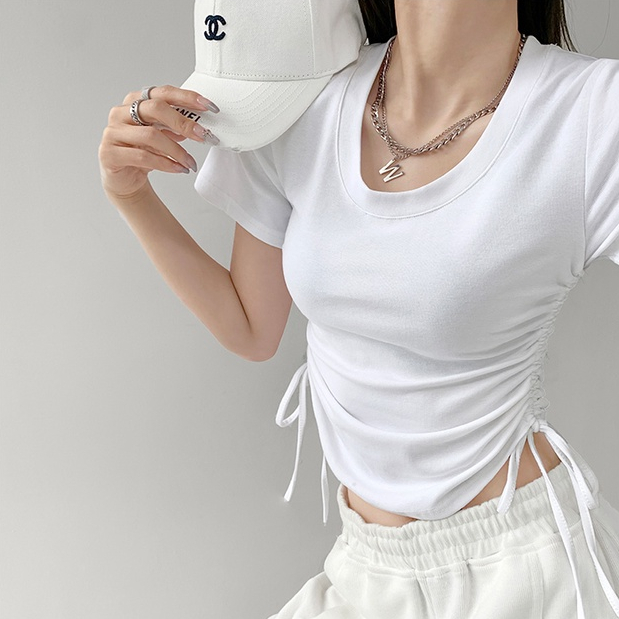 【MISSHONEY】Round Neck Ruched Drawstring Knot Crop Top  T-Shirt  7407 S/M/L