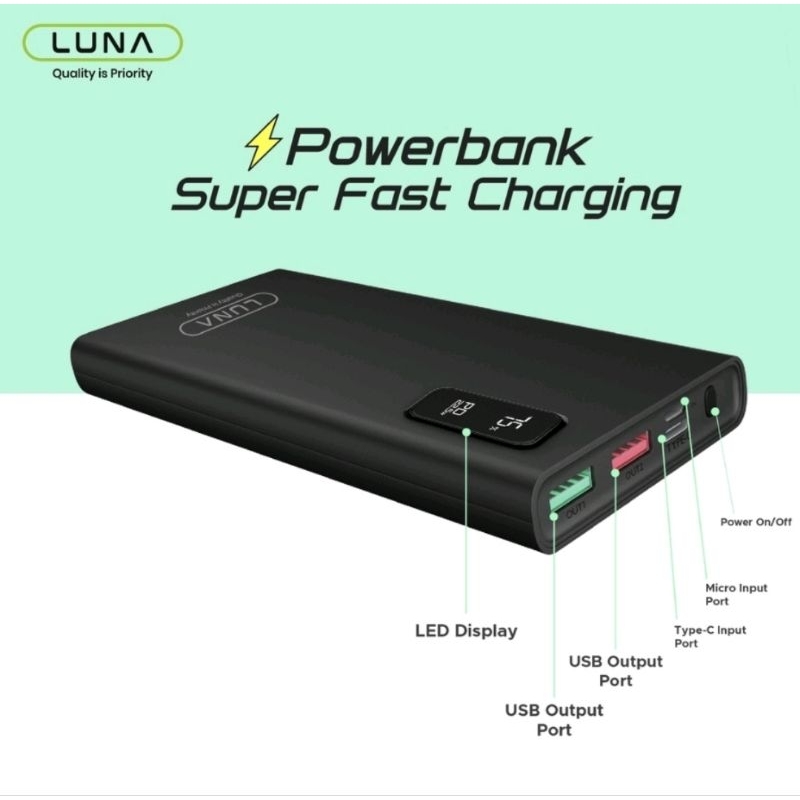 PC-2A4 Luna Powerbank 10000 mAh Fast Charging 22.5 Watt QC PD 3.0 Type C Free Cable Data Dual input POWER BANK