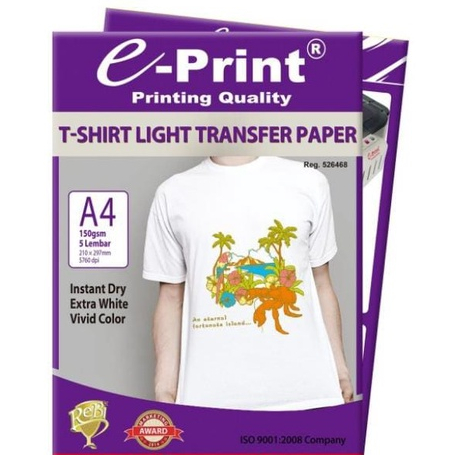 

Paper T-Shirt Transfer Paper Light A4-110 gsm E-print - Kertas Print Sablon 5 Lembar