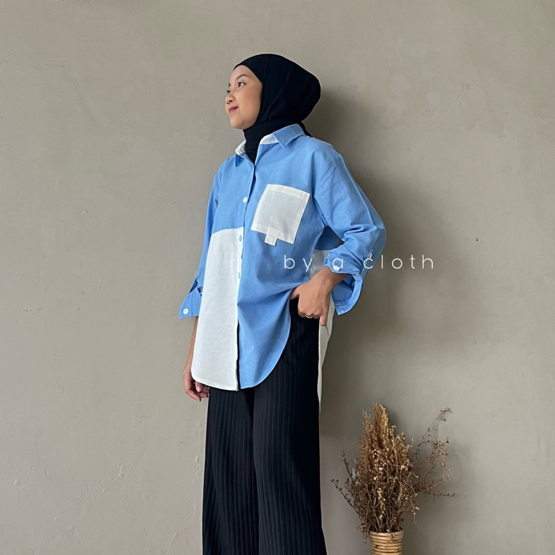 Rola Two Tone Shirt - Kemeja Oversize Linen Wanita - Kemeja Linen - Oversized Shirt Linen