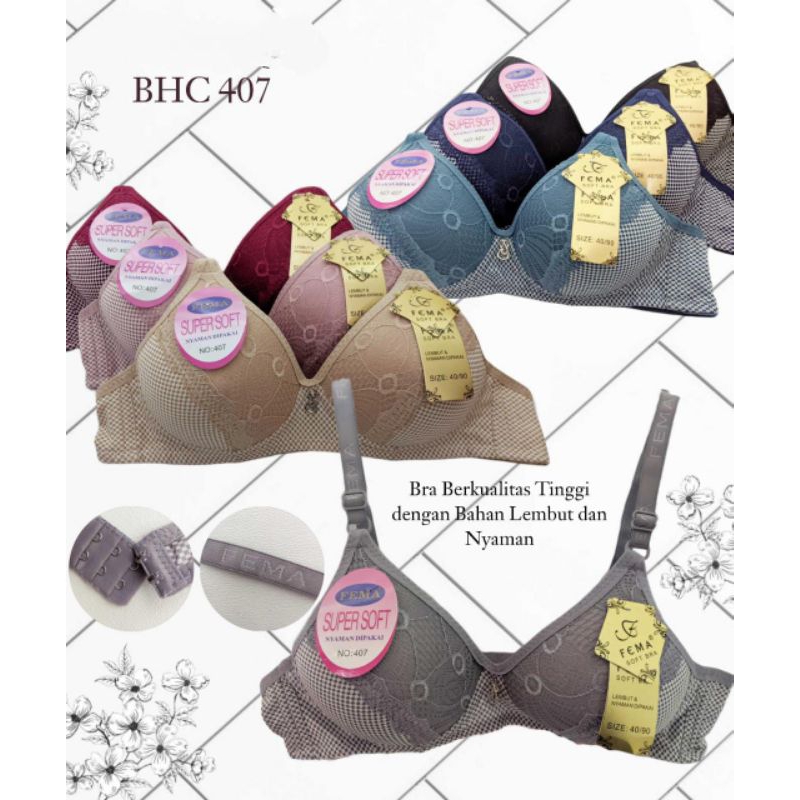 Ecer Bra Wanita 407 Fema Renda Tengah kotak,Pengait 2 Tanpa Kawat. Bra Import Termurah