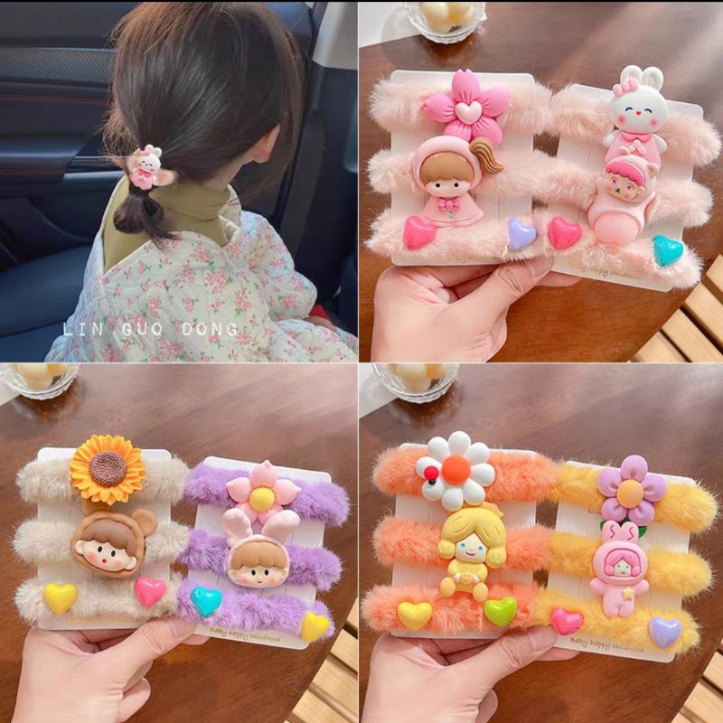 Ikat Rambut Bulu Model Korean Style Kuncir Bulu Halus Aksen Boneka Karakter / Ikat Rambut Ponytail Anak Korean Faux Fur Hair Ties