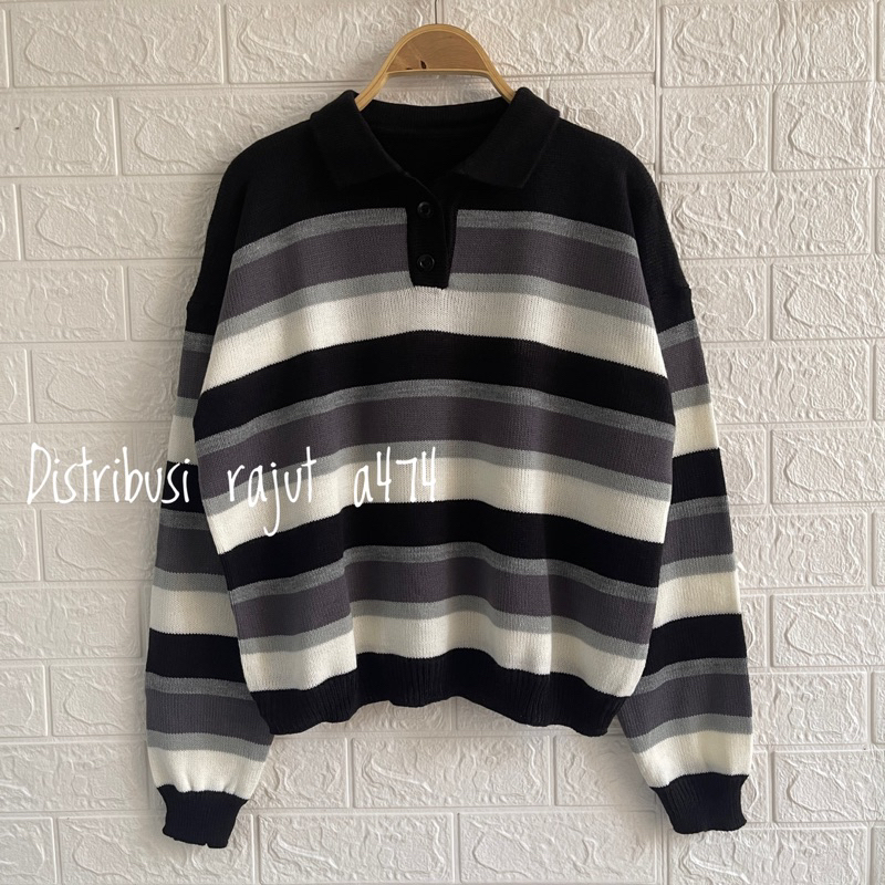 NAVA URBACK POLO SWEATER RAJUT KANCING MOTIF BLASTER STRIPPY ATASASAN WANITA LENGAN PANJANG