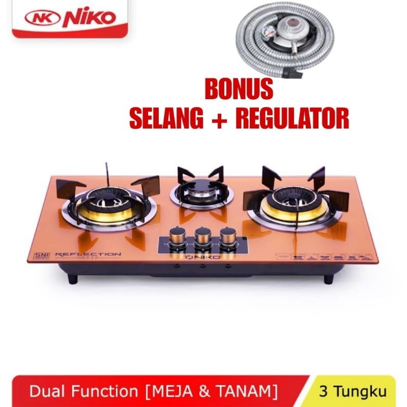 Niko Reflection Gold BLACK 3.0   Kompor Gas ,  Kaca  ,  Tanam 3 Tungku Knob Otomatis3