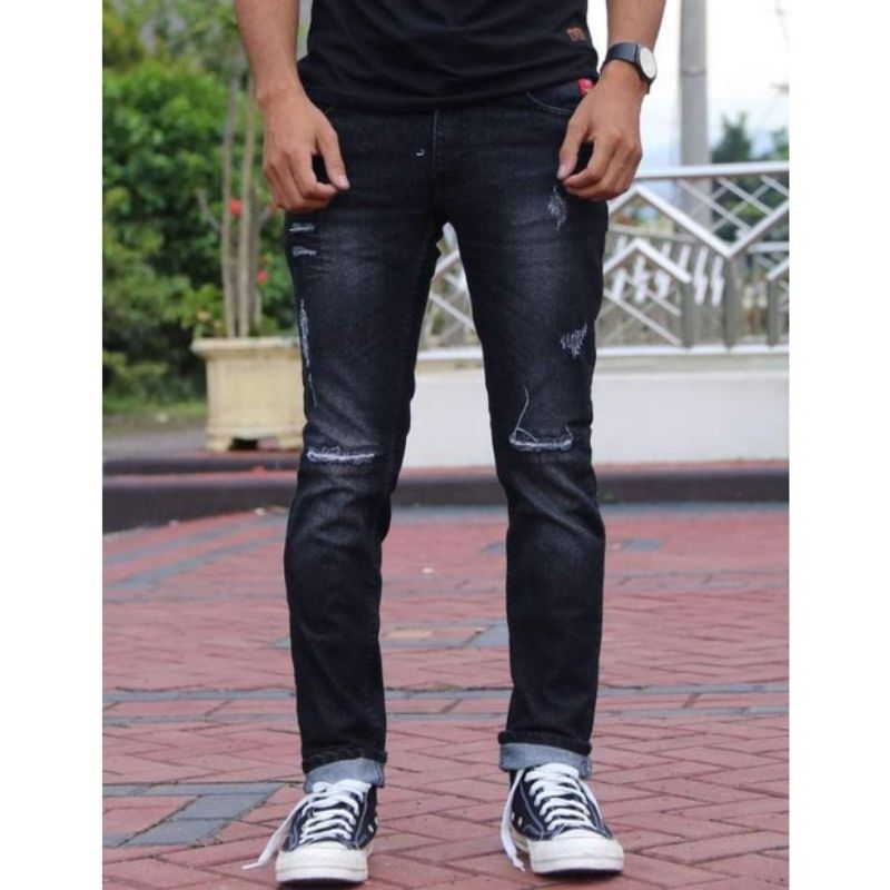 Celana Jeans Pria Bikers Knee Rips BREEWROCK™ Original Denim Streach Shandwash | Long Pants Men's Short | Celana Cowo