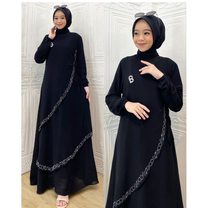 Dress Kimono Payet Serong Lapis Mosella Premium Warna Biru Dongker Wardah Hitam Ungu Lavender Merah 