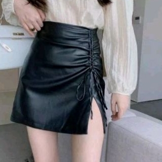 Mini Skirt Leather Women High Waist Serut