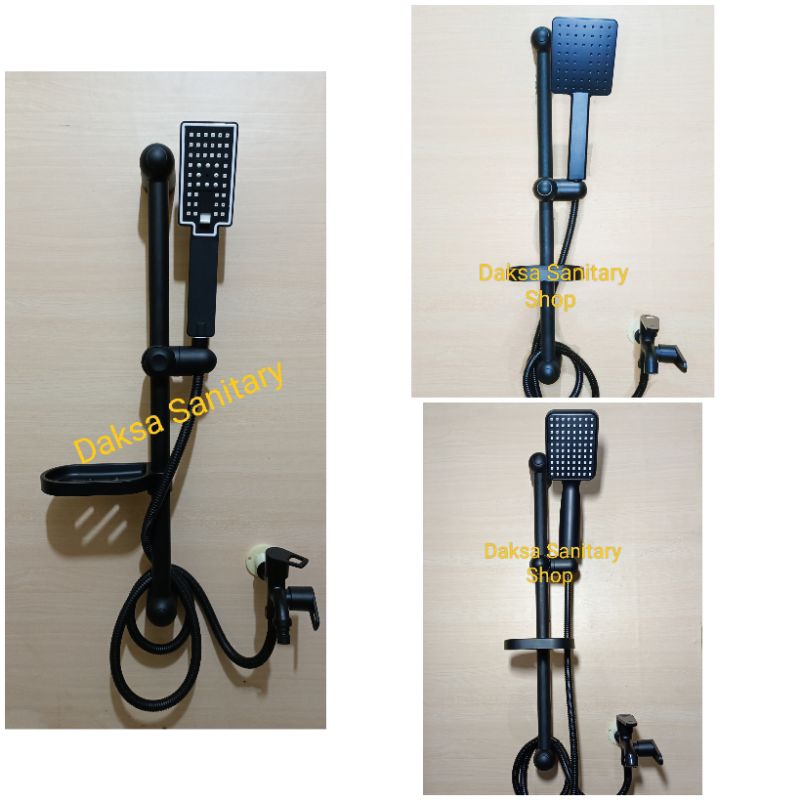 Shower tiang set hand shower minimalis Hitam dan kran cabang Hitam