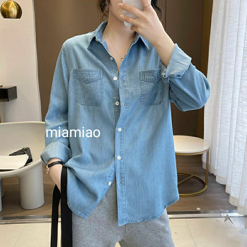 Kemeja Denim Jeans Wanita - Kemeja Oversize Lengan Panjang Bahan Lembut