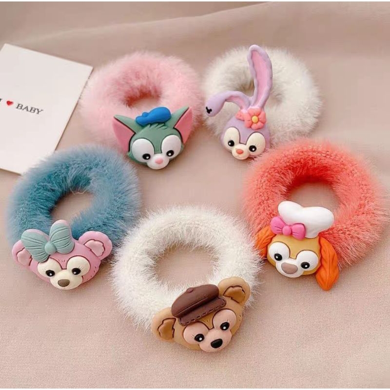 Ikat Rambut Bulu Model Korean Style Kuncir Bulu Halus Aksen Boneka Karakter / Ikat Rambut Ponytail Anak Korean Faux Fur Hair Ties