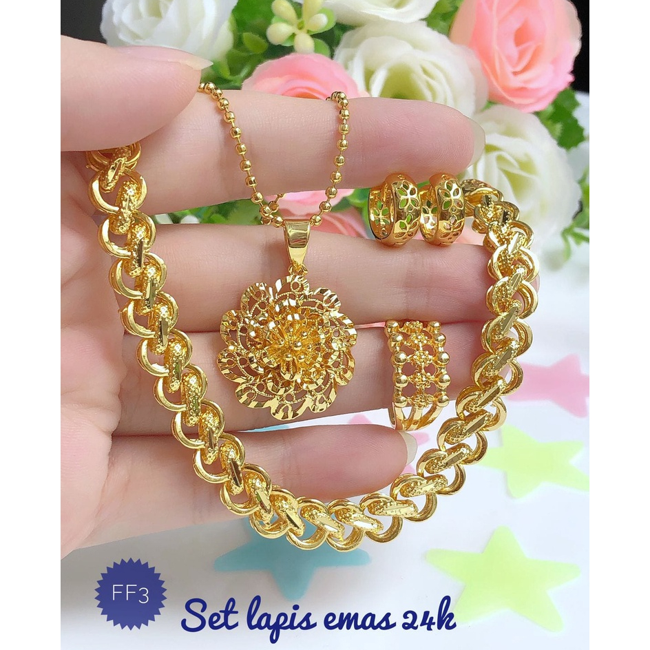 XUPED Set Perhiasan Lapis Emas 24 Karat Xuping Gelang Rantai Malaysia Double Cincin Anting Kalung Bi