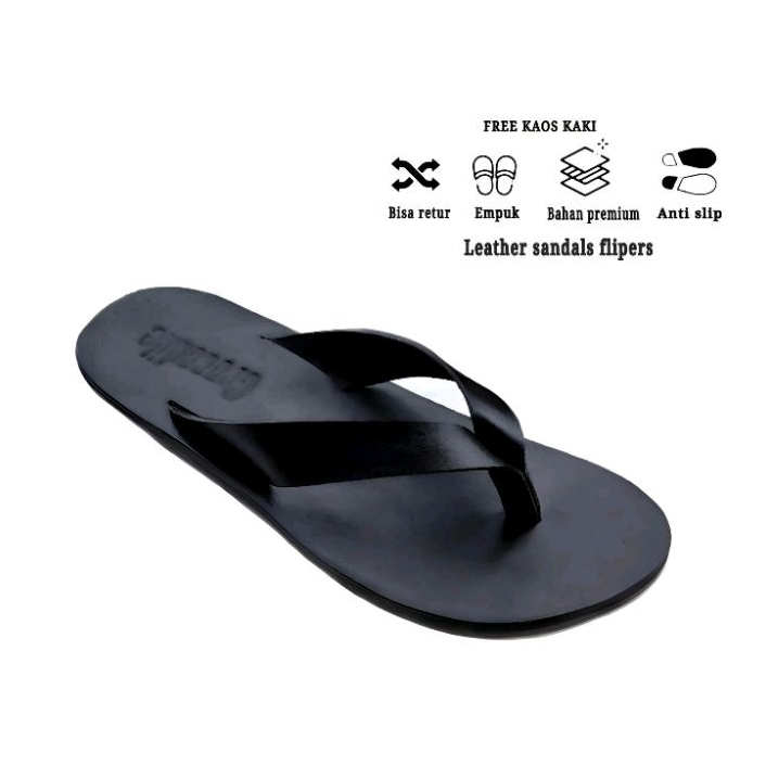 BEST PRODUCT - Sandal Pria Kulit Sapi Asli Flip Jepit Anti Slip Kekinian Hitam Coklat Kasual Sendal Santai Promo Murah