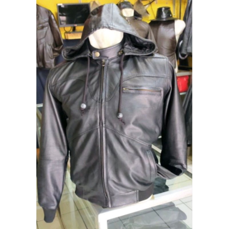 jaket Hoodie pria kulit domba jaket kulit Hoodie asli kulit