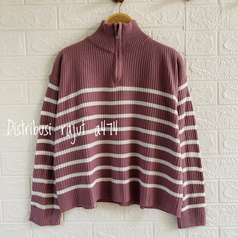 KIMY SWEATER RAJUT ZIPPER STRIPE MOTIF BLASTER ATASAN LENGAN PANJANG WANITA