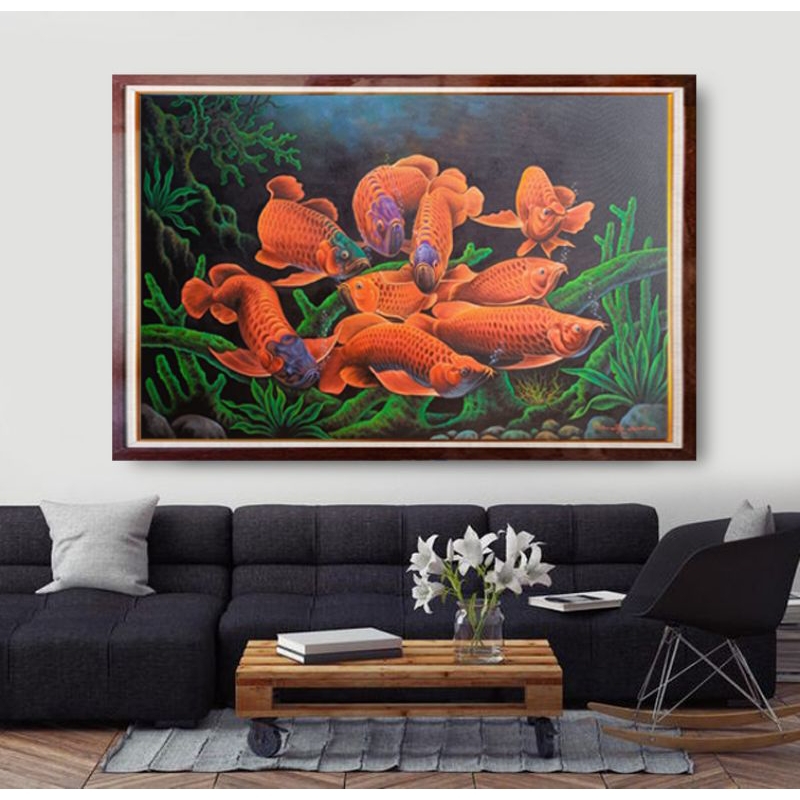 Lukisan kanvas ikan arwana red berkualitas realis + frame siap pajang
