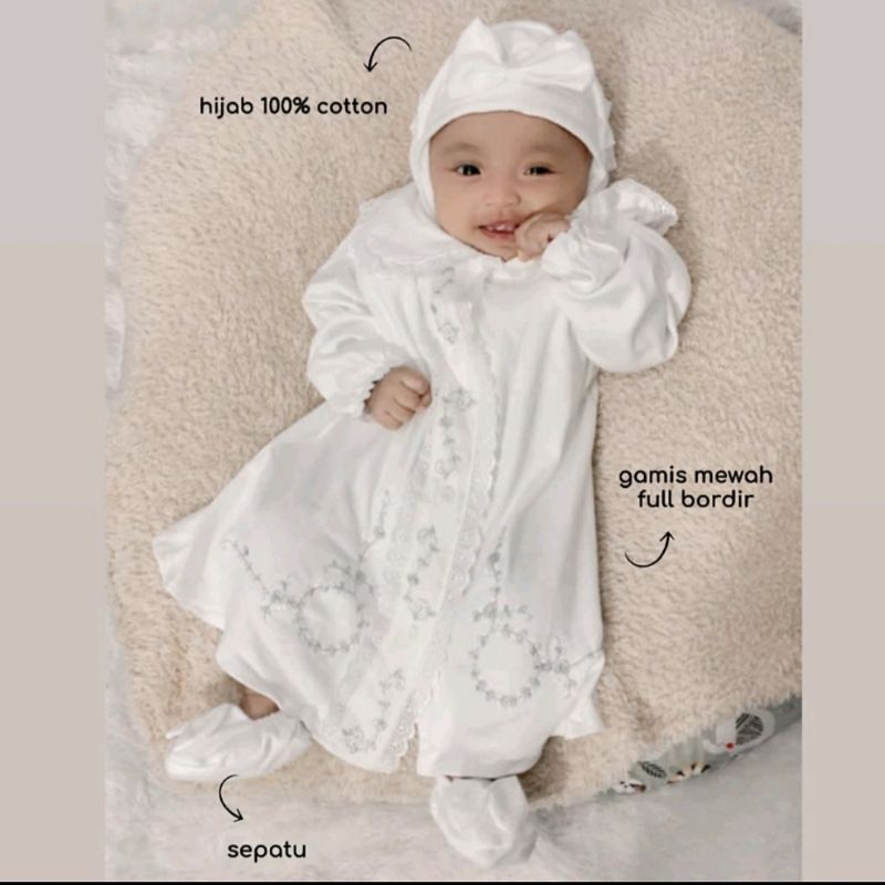 GAMIS BAYI BORDIR PREMIUM KHUSUS PUTIH COCOK UNTUK AQIQAH USIA NEWBORN 0 1 2 3 4 5 6 7 8 9 10 11 12 