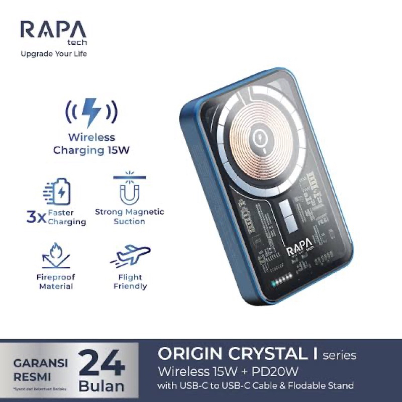 RAPAtech CRYSTAL 20W POWERBANK WIRELESS FAST CHARGE 15W + PD20W Powerbank Exclusive and Original