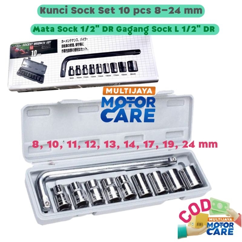 Socket Wrench Set Kunci Shock Sok Set 10 Pcs  Motor Mobil Gagang 1/2 Inch Mata Shock 8 10 11 12 13 14 17 19 21 22 24 mm