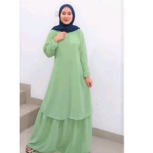 Gamis Long Dress Edisi Hari Raya / Lebaran Hijau Mint Muda Simpel Polos Kekinian Kasual L XL LD 105 