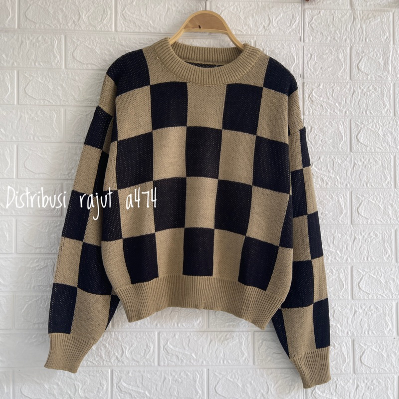 ANJANI BAJU ATASAN KNITWEAR SWEATER RAJUT KOTAK KOTAK OVERSIZE WANITA KOREAN STAYLE
