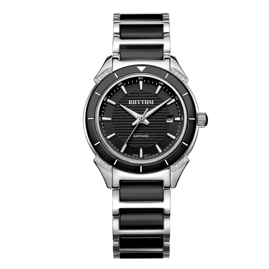 JAM TANGAN WANITA RHYTHM F1208 T02 F1208T02 CERAMIC STRAP BLACK SILVER