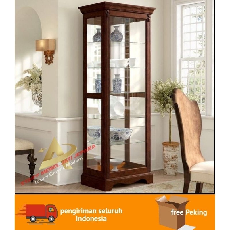 lemari pajangan pintu kaca kayu jati prabot ruangan rumah