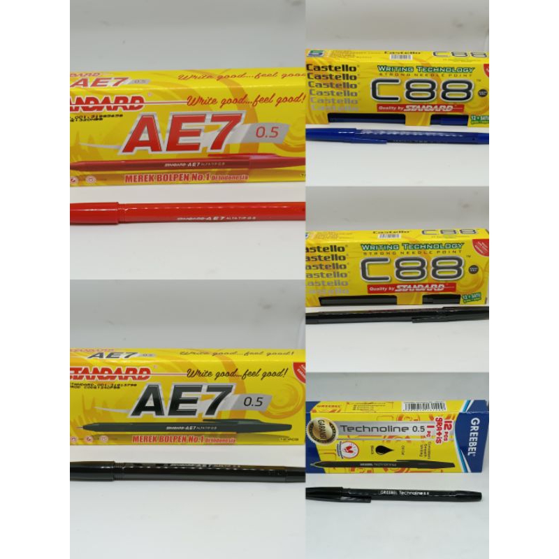 Pulpen Balpoin Tumpul Hitam, Merah, Biru Merek Standard / Greeble AE7, C88 dan Technoline 1 pak isi 12 pulpen