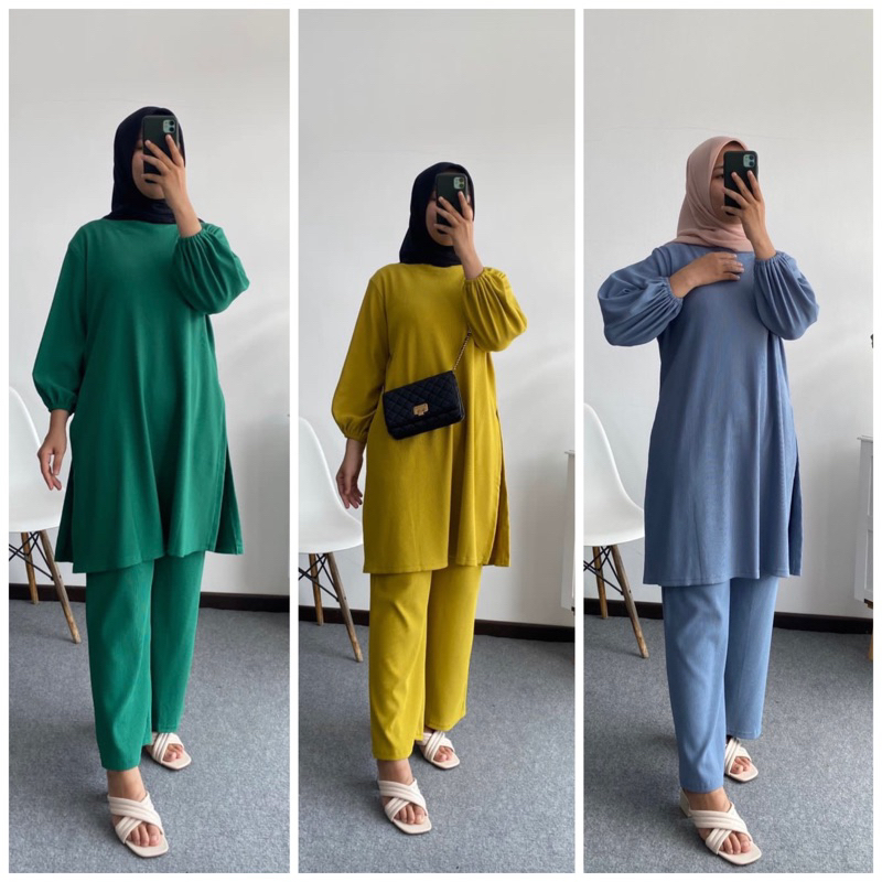 5292 set tunik dunna hanover merk clarke setelan celana wanita