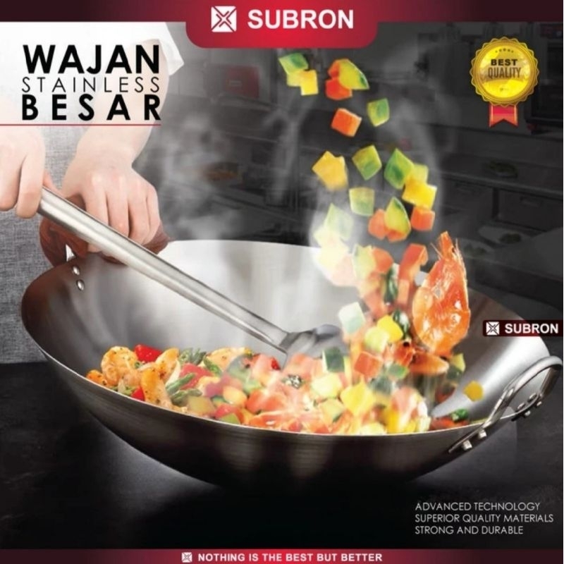 SUBRON Wajan Besar Stainless | Kuali Wok Tebal | Penggorengan 50cm