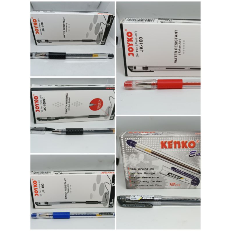 Pulpen Gel kenko Warna Hitam, Merah, Biru 0.5mm Easy Gel, JK 100 1 pak isi 12 pulpen