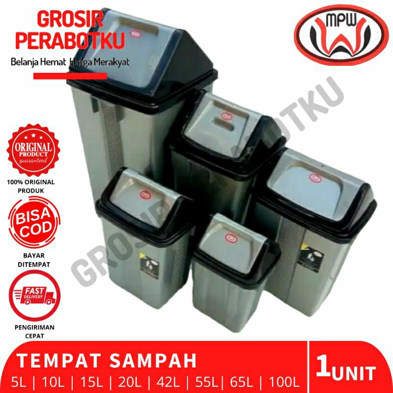 Tempat Sampah Silver Abu Tutup Goyang MPW 5L 10L 15L 20L 42L 55L 65L 100L Tong Sampah Indoor Outdoor Keranjang Sampah Dustbin