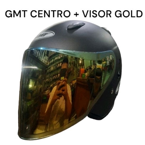 Helm GMT Black Doff Half Face + Visor Gold Paket Ganteng
