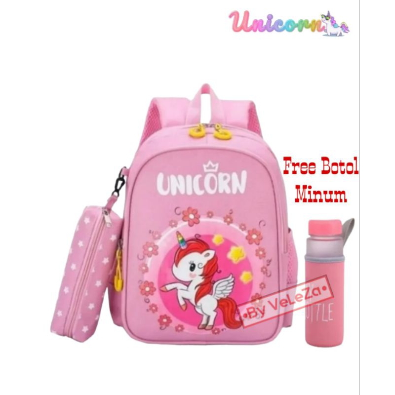 Tas ransel anak Unicorn Canvas 3in1 - tas + botol minum + tempat pinsil