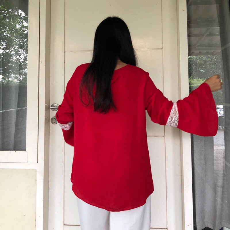 Merah Pundak Brukat - Blouse Polyester