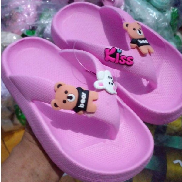 GOLFER/ Sandal  karet  jepit tebal model ke kinian untuk perempuan kecil dan tanggung motif beruang