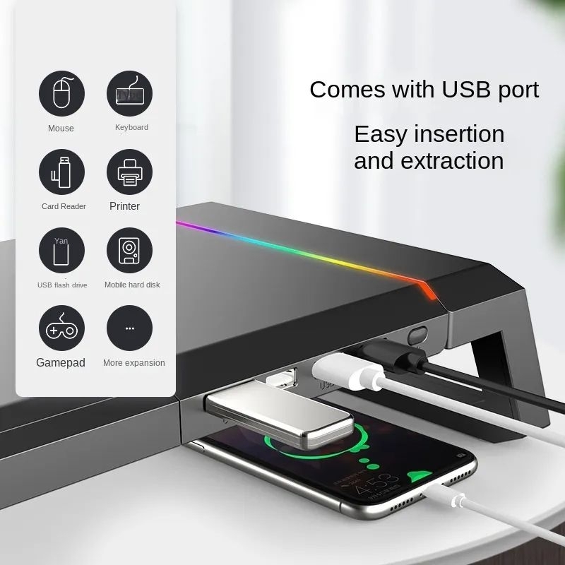 Stand monitor RGB 4 USB2.0 Charging Desk Organizer Support Universal Monitor Stand Riser Adjustable Desktop Computer Monitor Riser Stand