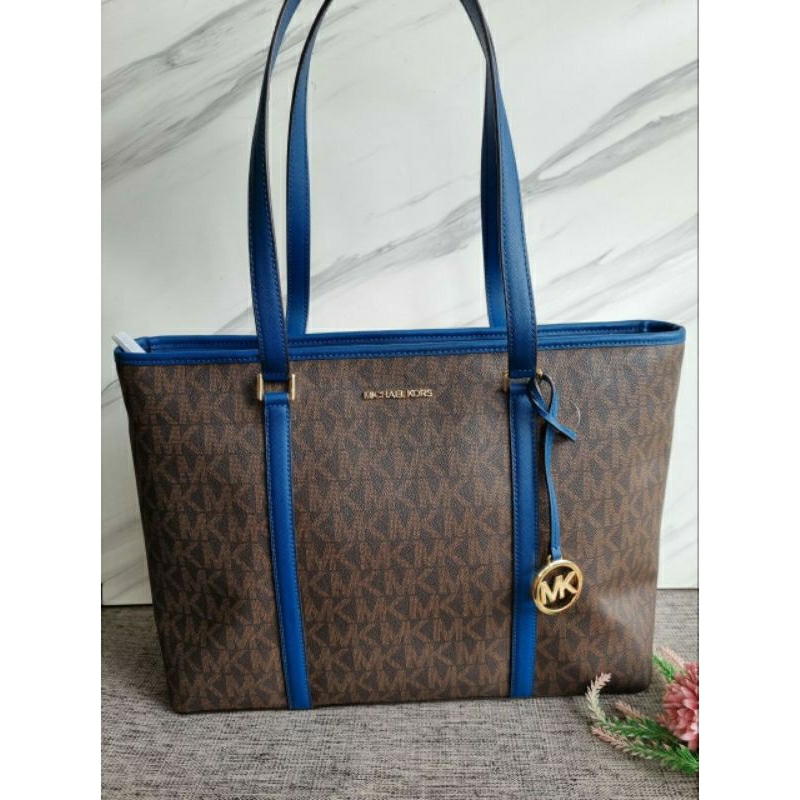 Michael Kors sady large top zip tote bag sign river blue