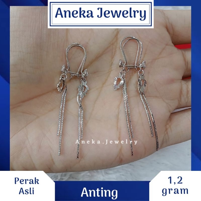 Anting Gantung Daun Ukir 2 Tali, Sepuh Emas Putih, Perak 925