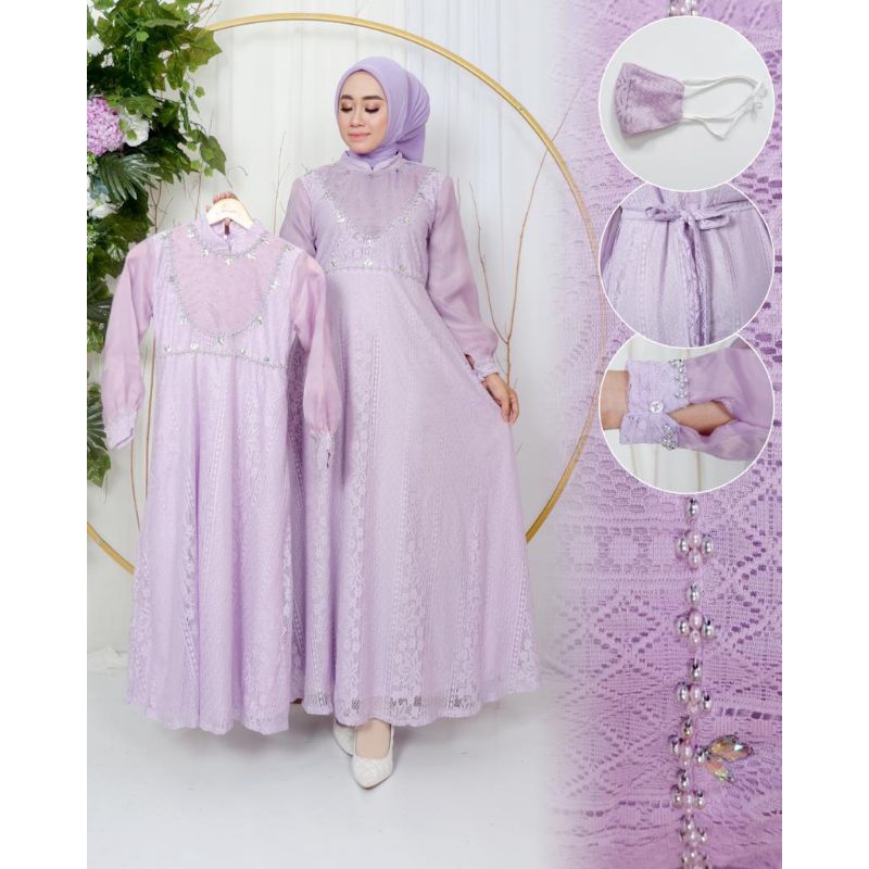 Realpict Gamis Malika Couple ibu & anak bahan brukat Malika mix organza