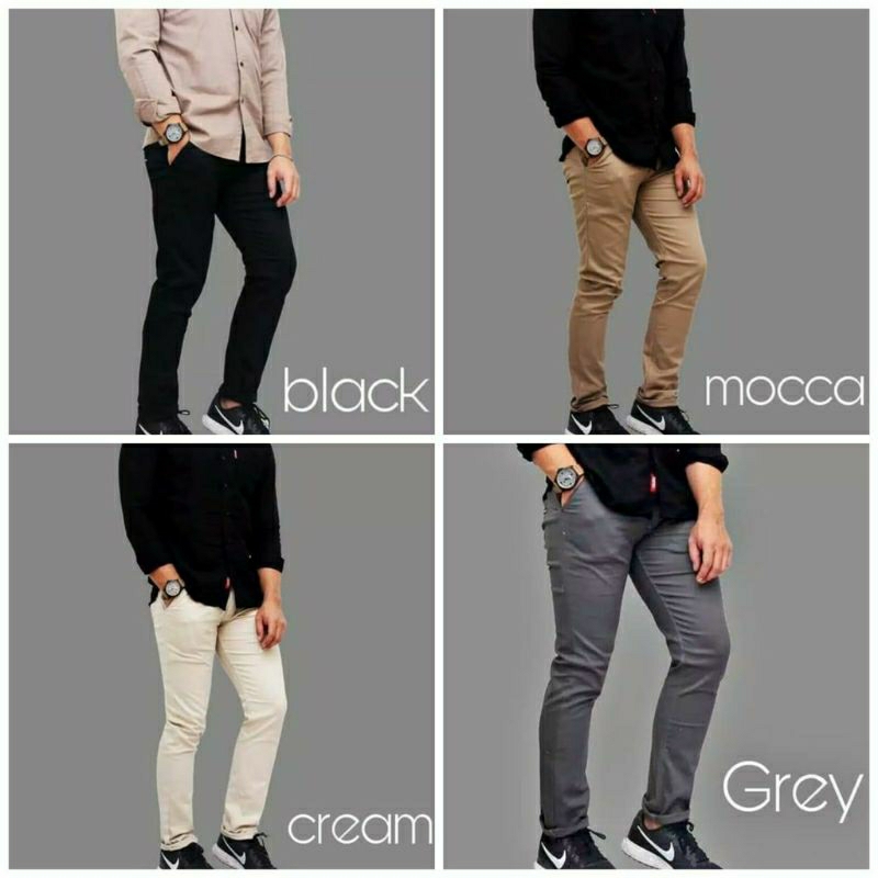 celana panjang pria slim fit kerja harian bahan melar cinos warna hitam Abu mocca krem murah enak dan nyaman dipakai