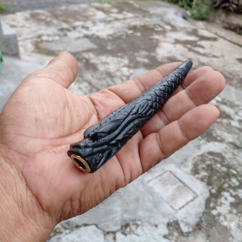 Once pipa rokok galih kelor hitam ukir naga/kayu kalimantan/10 cm/kayu bertuah/lubang mulitfungsi