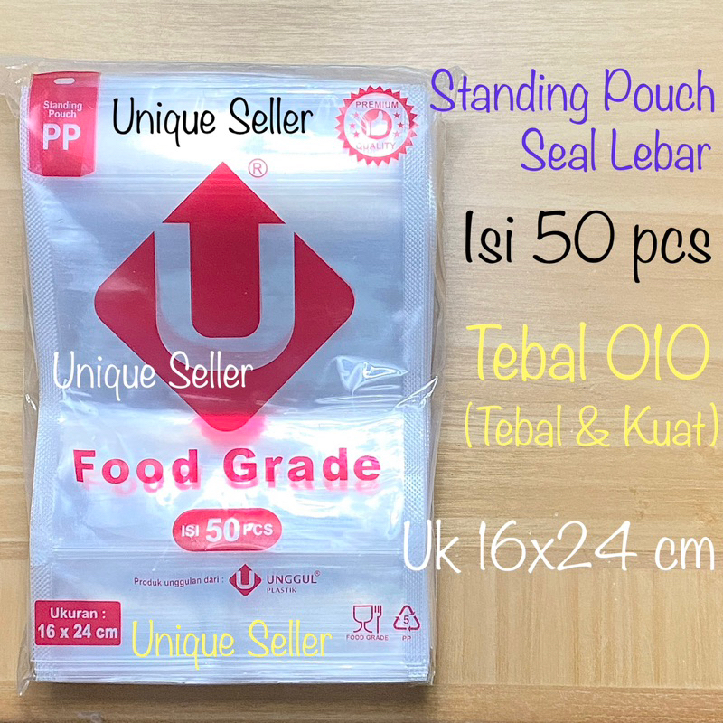 Standing Pouch PP Unggul Uk 16x24 cm Tebal 010 isi 50 / Standing Pouch 16x24 cm / Kantong PP Standing Pouch Bawang 16x24 / Standing Pouch Seal Lebar 16 x 24 / Kantong Plastik PP Zipper 16x24