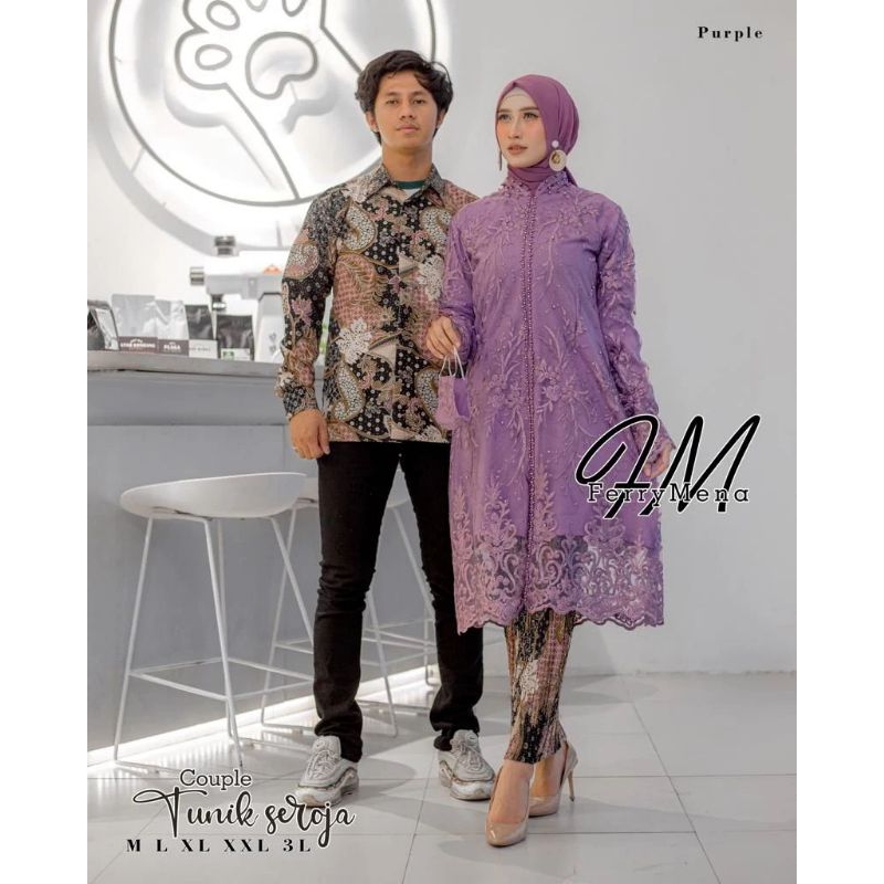 Set Kebaya Payet Saroja Tulle Mutiara Couple Kemeja Batik Pria Lengan Panjang / Sarimbit Couple Keluarga / Kebaya Jumbo Couple