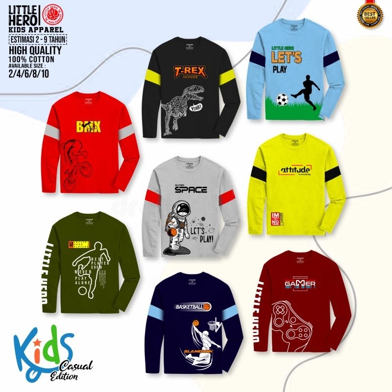 Baju Kaos Anak Laki Laki Cowok Lengan Panjang Little Hero Usia 2 3 4 5 6 7 8 Tahun