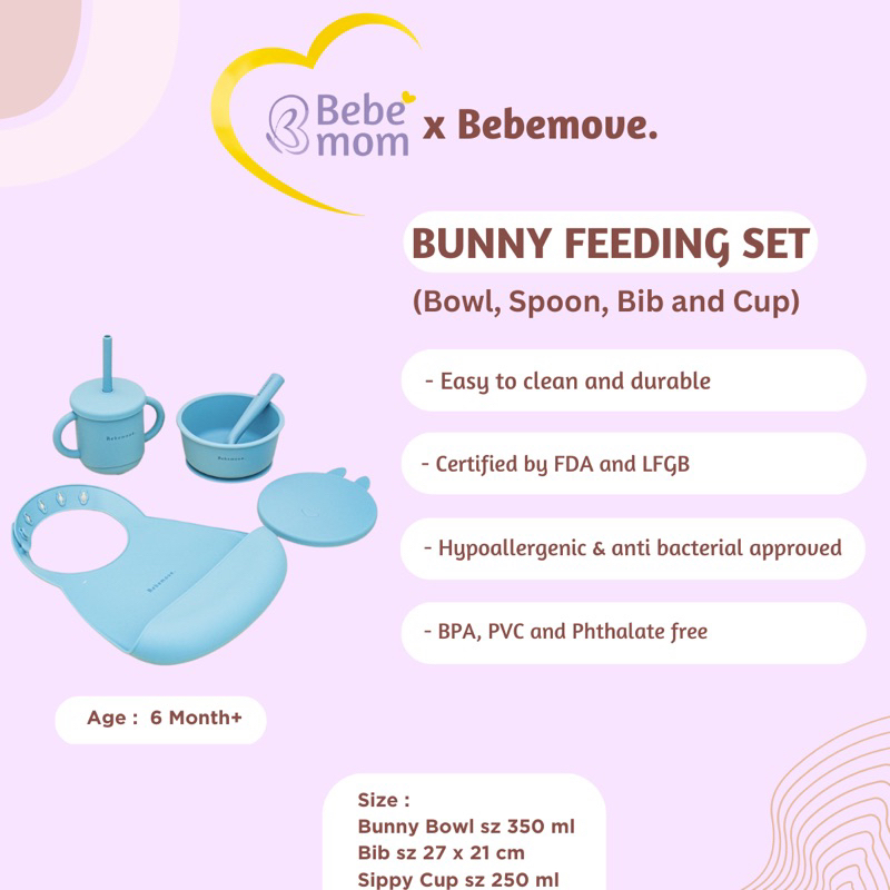 Bunny Bowl Set Mangkuk Bunny + Sendok + Gelas + Bib Silikon Premium Bebemove x Bebemom