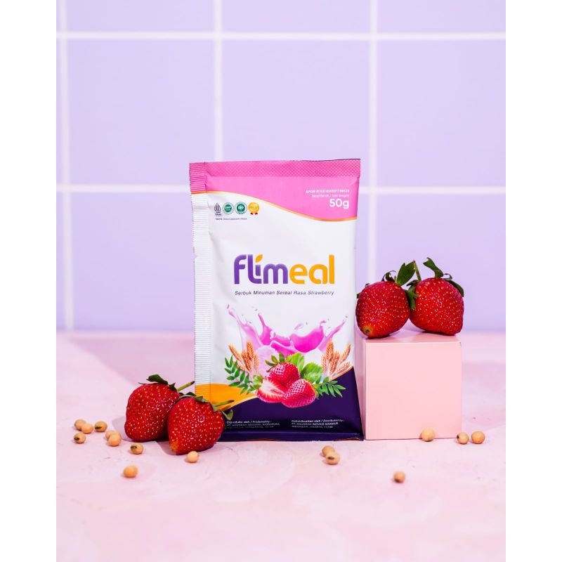 Flimeal (Meal Replacement) - 1 Box (Isi 12 Sachet) - Strawberry Beli 2 Box Free Shaker Rasa Bisa Mix