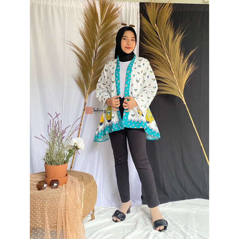 OUTER VESPA Blazer Batik Katun Atasan Kerja Kantor Wanita Modis Modern Kekinian Print Pastel