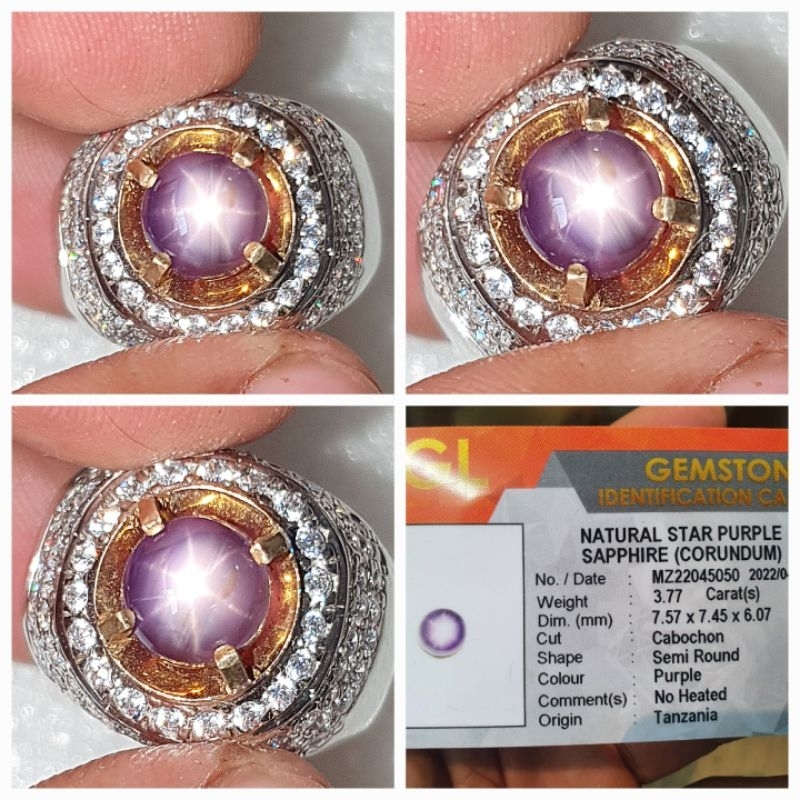 Natural Purple star sapphire 3.77 ct no heated tanzania lengkap memo ring perak handmade mewah ada s